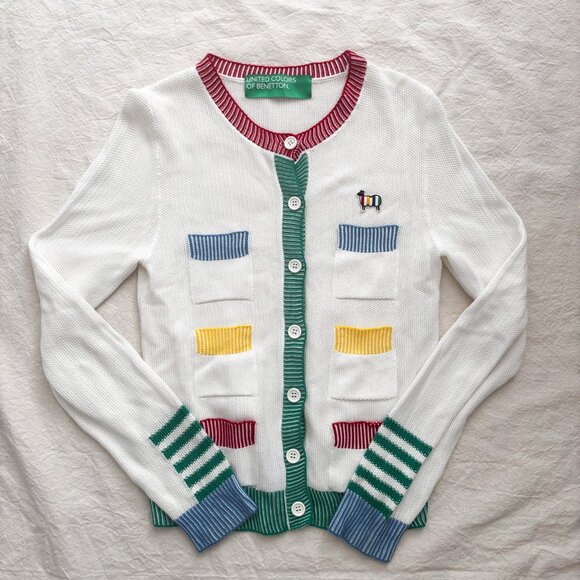 United Colors of Benetton Rainbow Pocket Cardigan XS White Cotton Sheep Logo - Picture 1 of 14